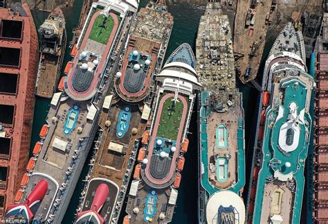cruise ship graveyard in ocean.